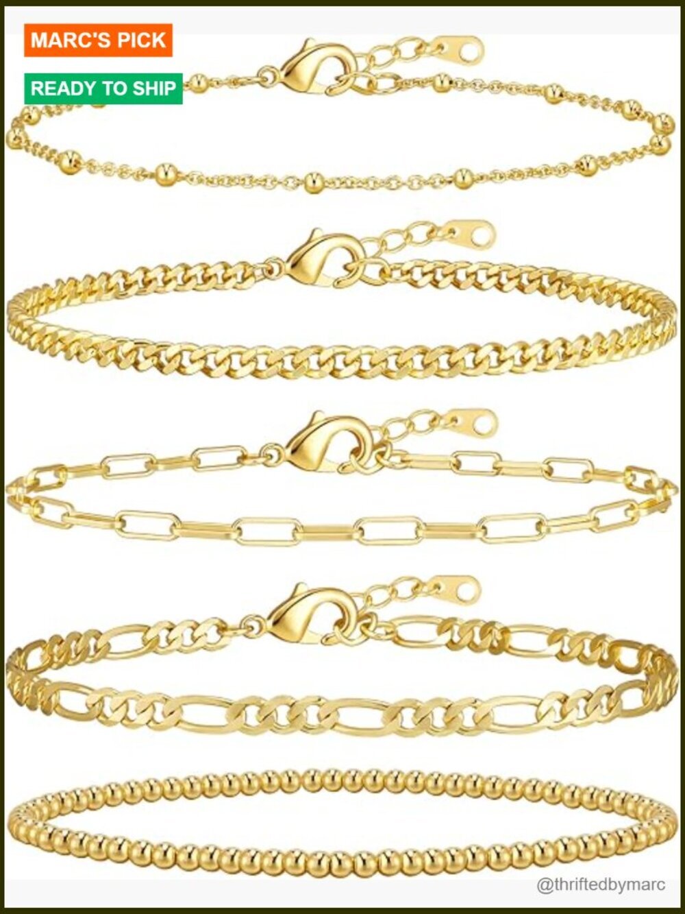 Stackable Gold Chain Bracelet Set Cuban Link Paperclip Adjustable Layered